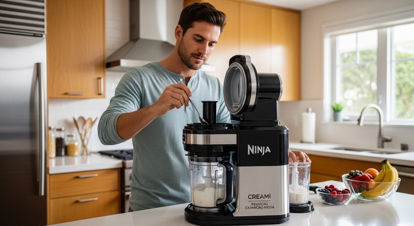 Como usar a sorveteria Ninja em casa, mostrando o copo de mistura